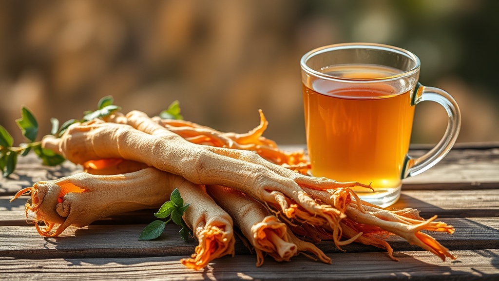 Raíces secas de ginseng siberiano (Eleutherococcus senticosus) sobre fondo de madera, con una taza de té de hierbas al lado.