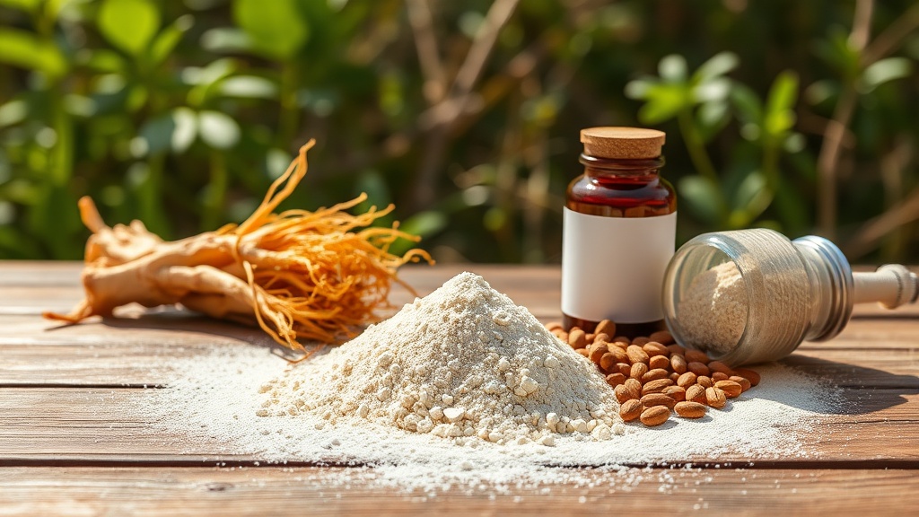 Comparativa de tres adaptógenos: raíz de ginseng siberiano, ginseng coreano y ashwagandha en polvo sobre fondo de madera.
