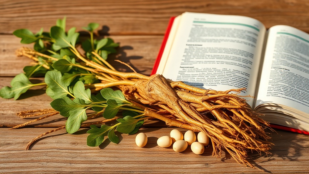 Raíces de ginseng siberiano (Eleutherococcus senticosus) sobre fondo de madera, con un libro de texto de fitoterapia abierto.
