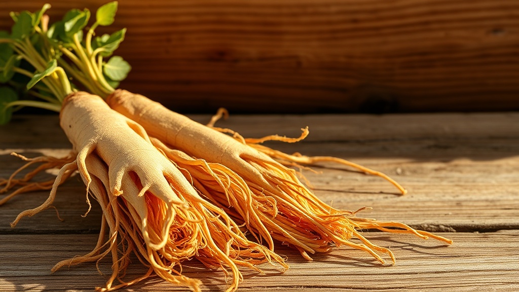 Raíces secas de ginseng siberiano (Eleutherococcus senticosus) sobre fondo de madera, con texto informativo sobre su historia y usos.
