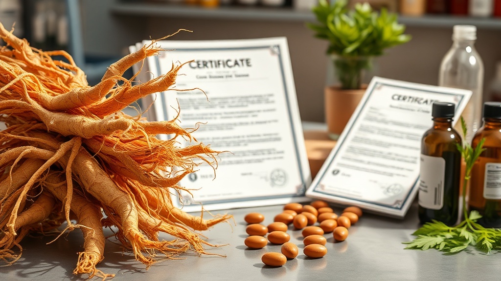 Raíces secas de Eleutherococcus senticosus (Ginseng Siberiano) sobre una mesa de laboratorio junto a un certificado de análisis.